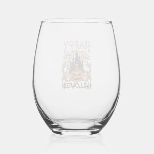 Happy Halloween Pumpkin Witch Hat Haunted Castle M Stemless Wine Glass