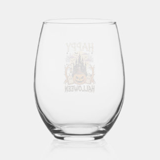 Happy Halloween Pumpkin Witch Hat Haunted Castle M Stemless Wine Glass