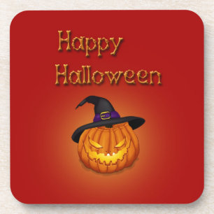 Happy Halloween Pumpkin with Hat Drink Coaster