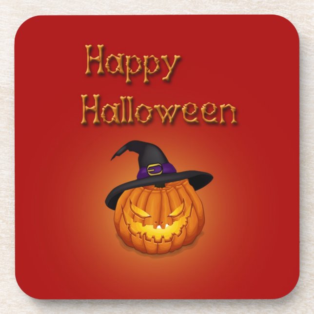 Happy Halloween Pumpkin with Hat Drink Coaster (Front)