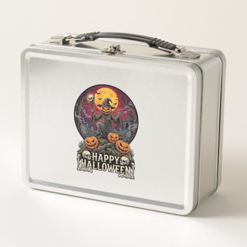 Happy Halloween Pumpkin Wizard Graveyard Full Moon Metal Lunch Box