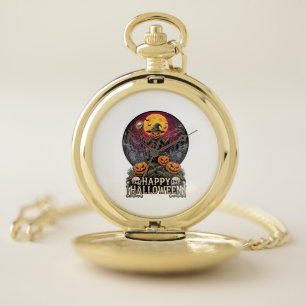 Happy Halloween Pumpkin Wizard Graveyard Full Moon Pocket Watch