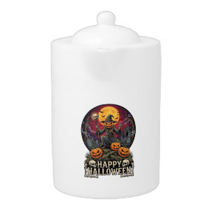 Happy Halloween Pumpkin Wizard Graveyard Full Moon Teapot