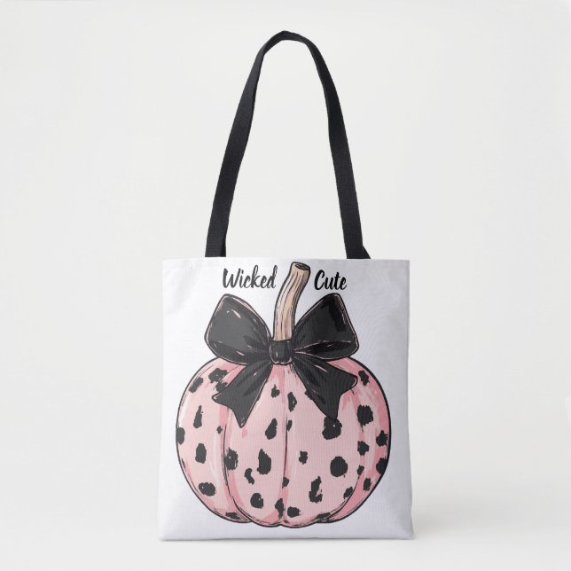 Happy Halloween Pumpkins and bows pink Coquette Tote Bag (Front)