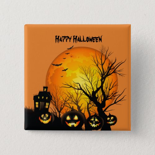 Happy Halloween Pumpkins and Haunted House Button