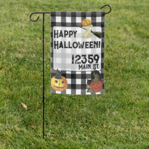 Happy Halloween Pumpkins and Plaid Custom Address Garden Flag