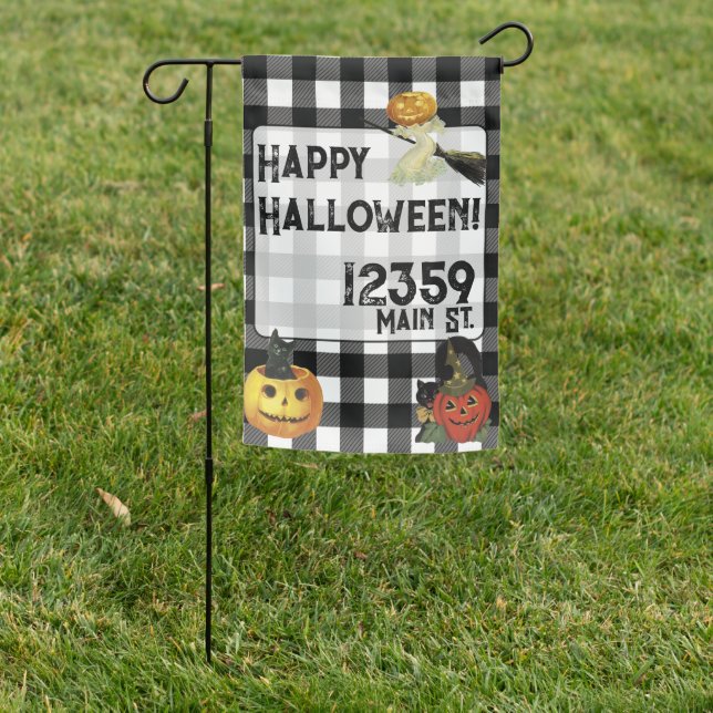 Happy Halloween Pumpkins and Plaid Custom Address Garden Flag (In SItu)