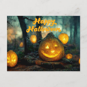 Happy Halloween Pumpkins and Spider Web Postcard