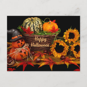 Happy Halloween Pumpkins and Sunflowers Holiday Postcard