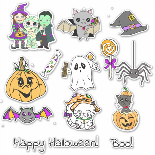 Happy Halloween, Pumpkins, Bats, Ghosts, Costumes Sticker (Front)