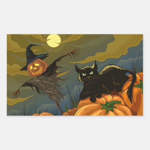 Happy Halloween Pumpkins Black Cat Rectangular Sticker