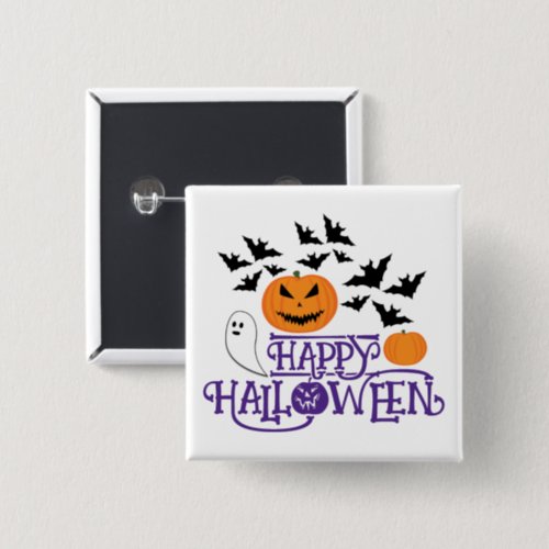 Happy Halloween pumpkins ghost bats purple text Button