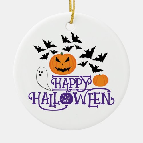 Happy Halloween pumpkins ghost bats purple text  Ceramic Ornament