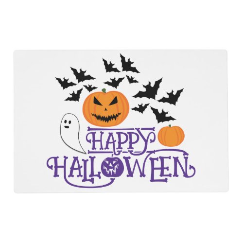 Happy Halloween pumpkins ghost bats purple text Placemat