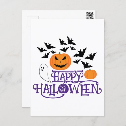 Happy Halloween pumpkins ghost bats purple text Postcard