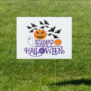 Happy Halloween pumpkins ghost bats purple text Sign