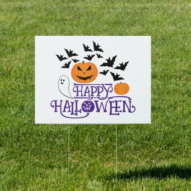 Happy Halloween pumpkins ghost bats purple text Sign (Insitu)