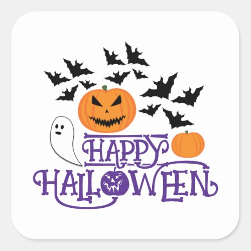 Happy Halloween pumpkins ghost bats purple text Square Sticker