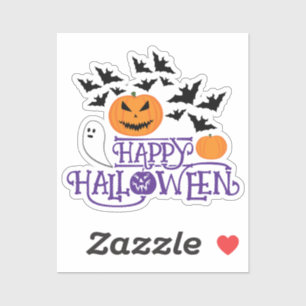 Happy Halloween pumpkins ghost bats purple text Sticker
