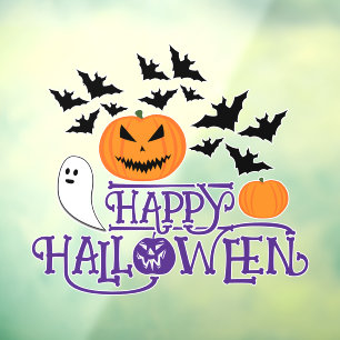 Happy Halloween pumpkins ghost bats purple text Window Cling