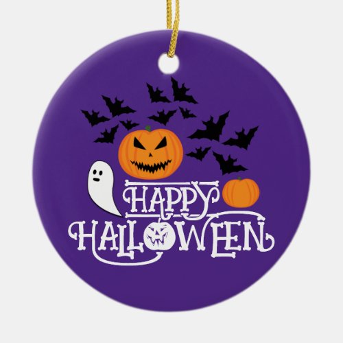 Happy Halloween pumpkins ghost bats text purple  Ceramic Ornament