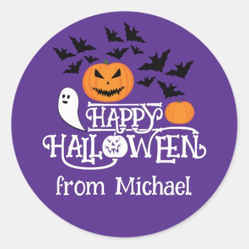 Happy Halloween pumpkins ghost bats text purple Classic Round Sticker