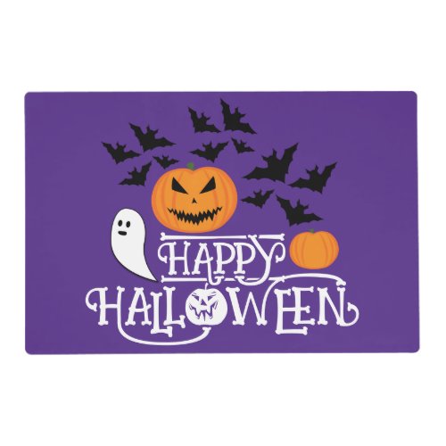 Happy Halloween pumpkins ghost bats text purple  Placemat