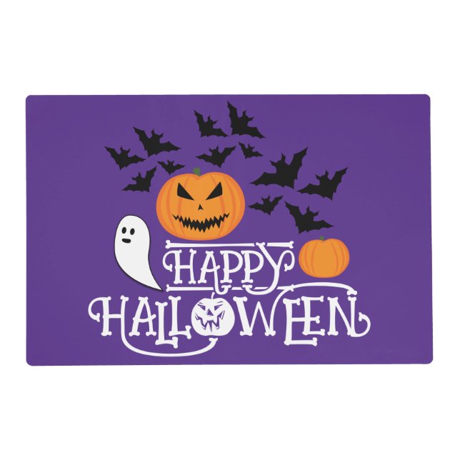 Happy Halloween pumpkins ghost bats text purple  Placemat (Front)