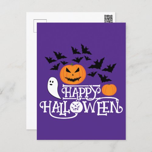 Happy Halloween pumpkins ghost bats text purple  Postcard