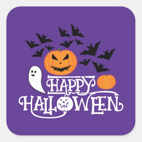 Happy Halloween pumpkins ghost bats text purple Square Sticker