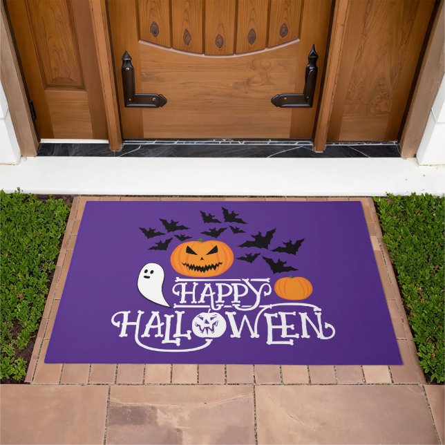 Happy Halloween pumpkins ghosts bats purple text Doormat (Outdoor)