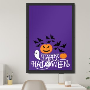 Happy Halloween pumpkins ghosts bats purple text Framed Art