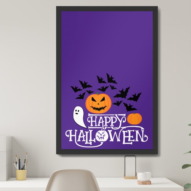 Happy Halloween pumpkins ghosts bats purple text Framed Art (Home Office)