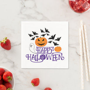 Happy Halloween pumpkins ghosts bats purple text Napkins