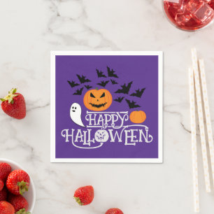 Happy Halloween pumpkins ghosts bats purple text Napkins