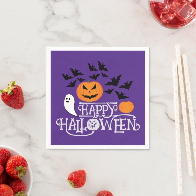 Happy Halloween pumpkins ghosts bats purple text Napkins (Insitu)