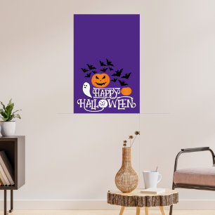 Happy Halloween pumpkins ghosts bats purple text Poster