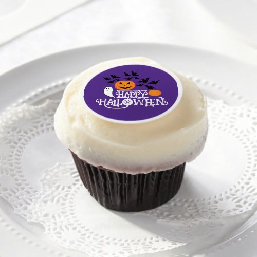 Happy Halloween pumpkins ghosts bats text purple Edible Frosting Rounds