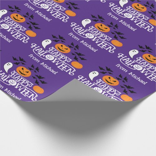 Happy Halloween pumpkins ghosts bats text purple Wrapping Paper
