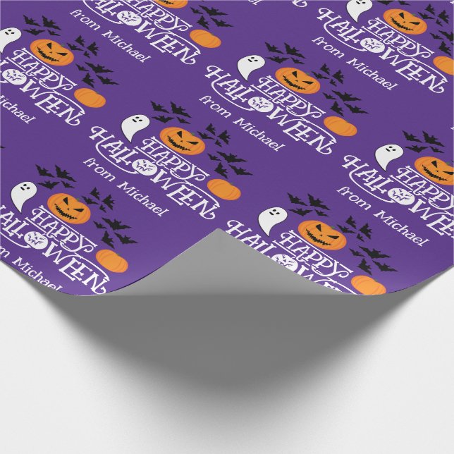 Happy Halloween pumpkins ghosts bats text purple Wrapping Paper (Corner)