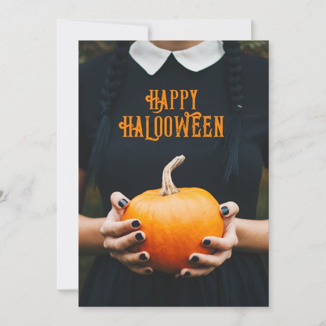 Happy Halloween pumpkin's girl black dress Holiday Card (Front)