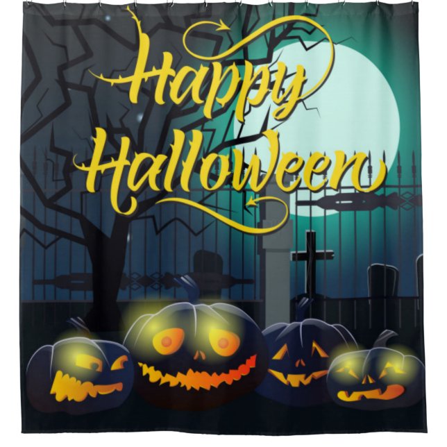 Happy Halloween Pumpkins In The Graveyard Shower Curtain (Front)