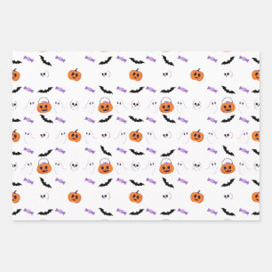 Happy Halloween Pumpkins Monster Ghost Bat Pattern Wrapping Paper Sheets