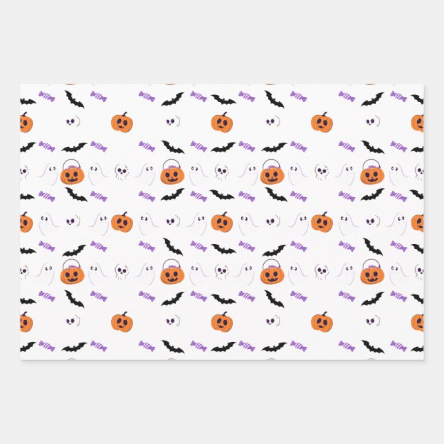 Happy Halloween Pumpkins Monster Ghost Bat Pattern Wrapping Paper Sheets (Front)