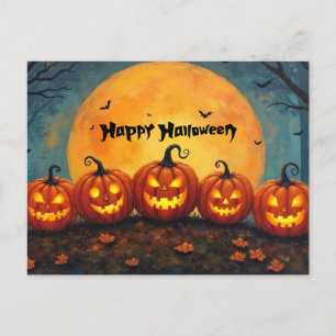 Happy Halloween Pumpkins on Full Moon Holiday Postcard