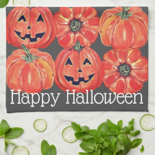 Happy Halloween Pumpkins Orange Yellow Watercolor  Kitchen Towel