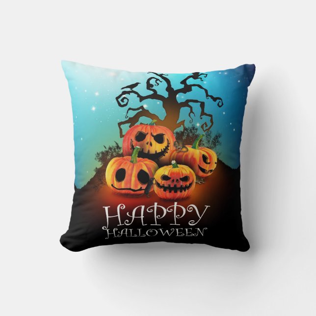 Happy Halloween! Pumpkins to under to creepy tree! Throw Pillow (Front)