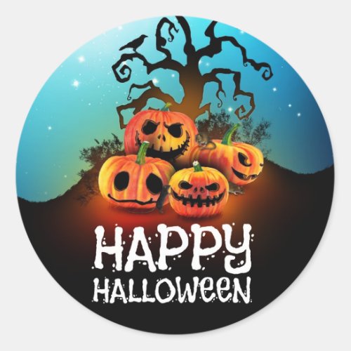 Happy halloween Pumpkins under a creepy tree Classic Round Sticker