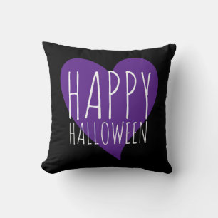 Happy Halloween Purple Heart Black & Grey Stripes Throw Pillow