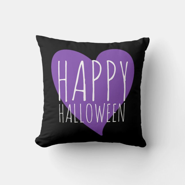 Happy Halloween Purple Heart Black & Grey Stripes Throw Pillow (Front)